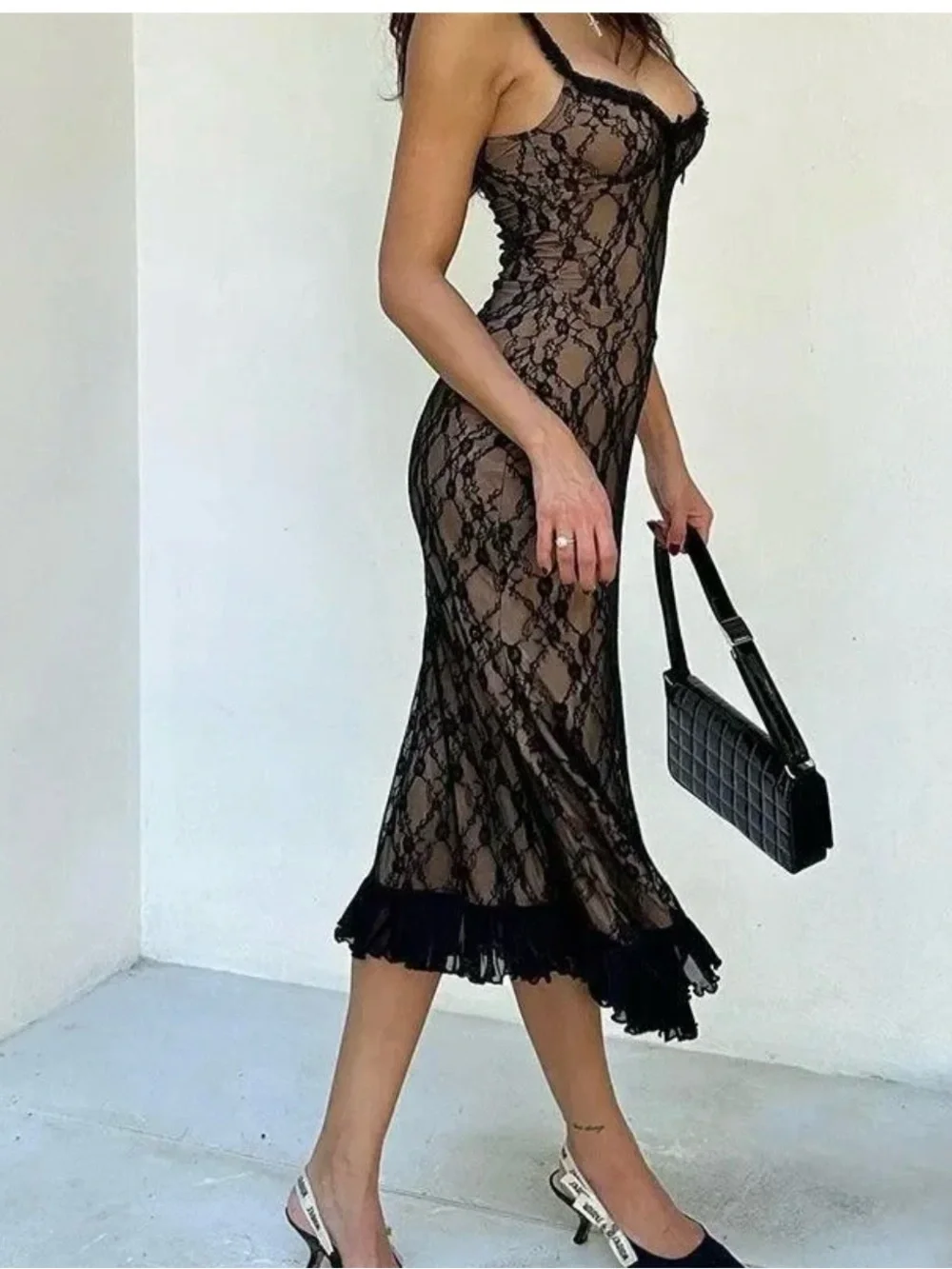 Black Lace Midi Dress | Sheer Nude Underlay | Elegant & Sexy | New - Picture 3 of 8